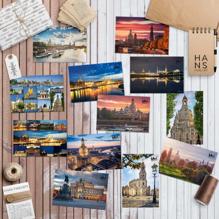 Postkarten Set Dresden mit 12 Motiven von Frauenkirche, Semperoper und Stadtsilhouette