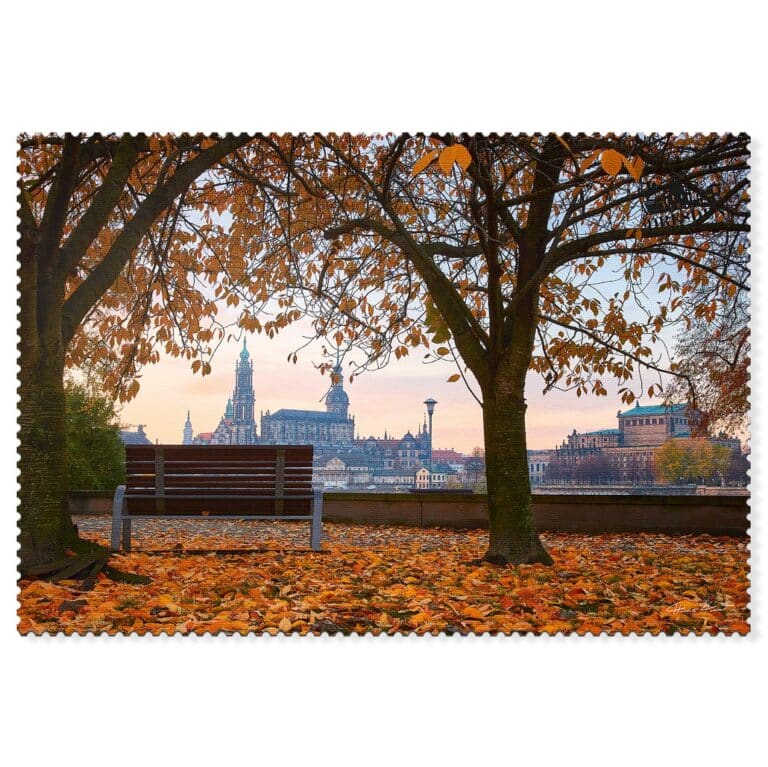Dresden Postkarte mit Parkbank, Herbstlaub und Blick auf die Altstadt