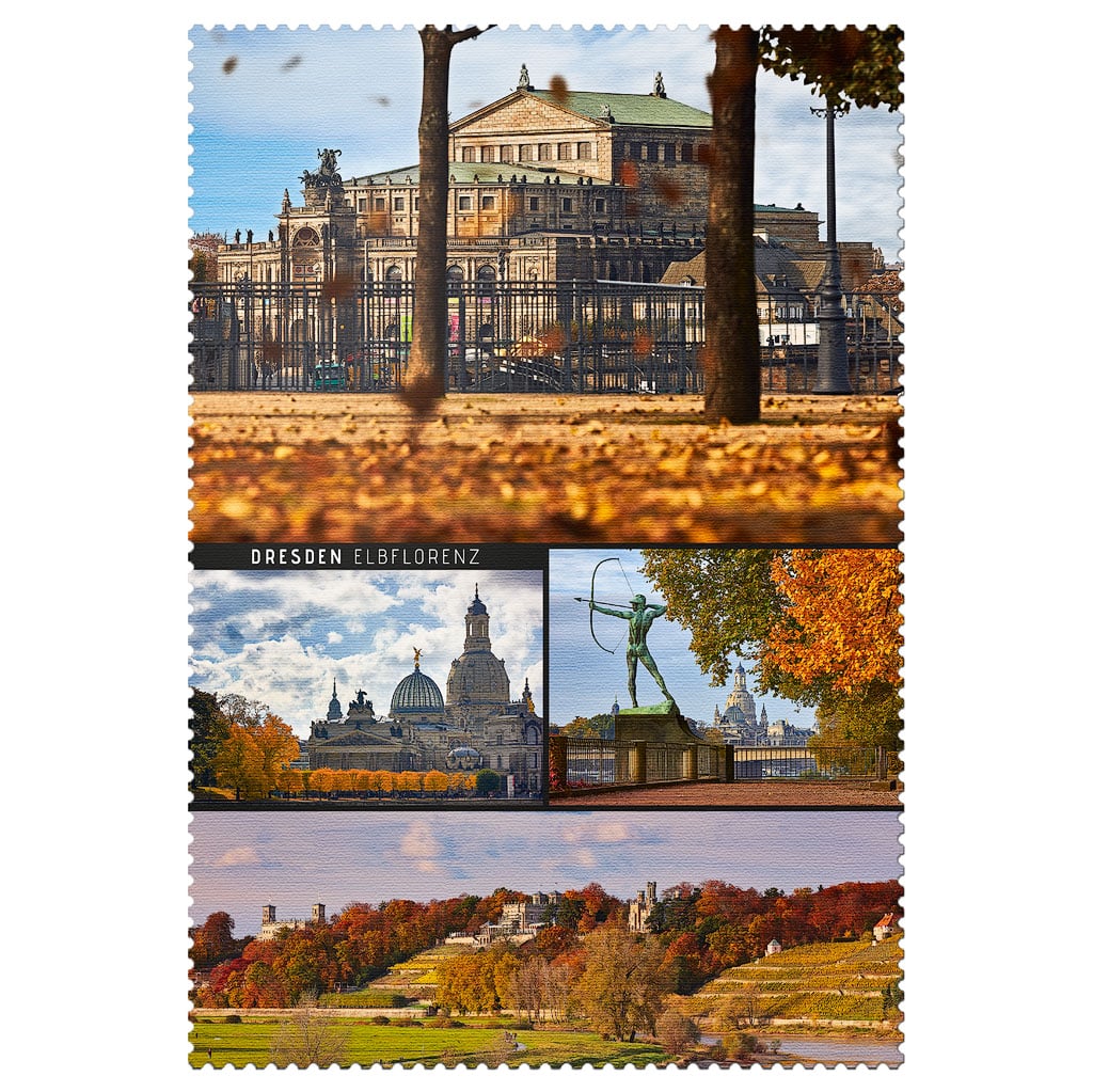 Dresden Herbstpostkarte – Semperoper Collage Dresden Herbstpostkarte mit Semperoper, Frauenkirche und weiteren Herbstmotiven