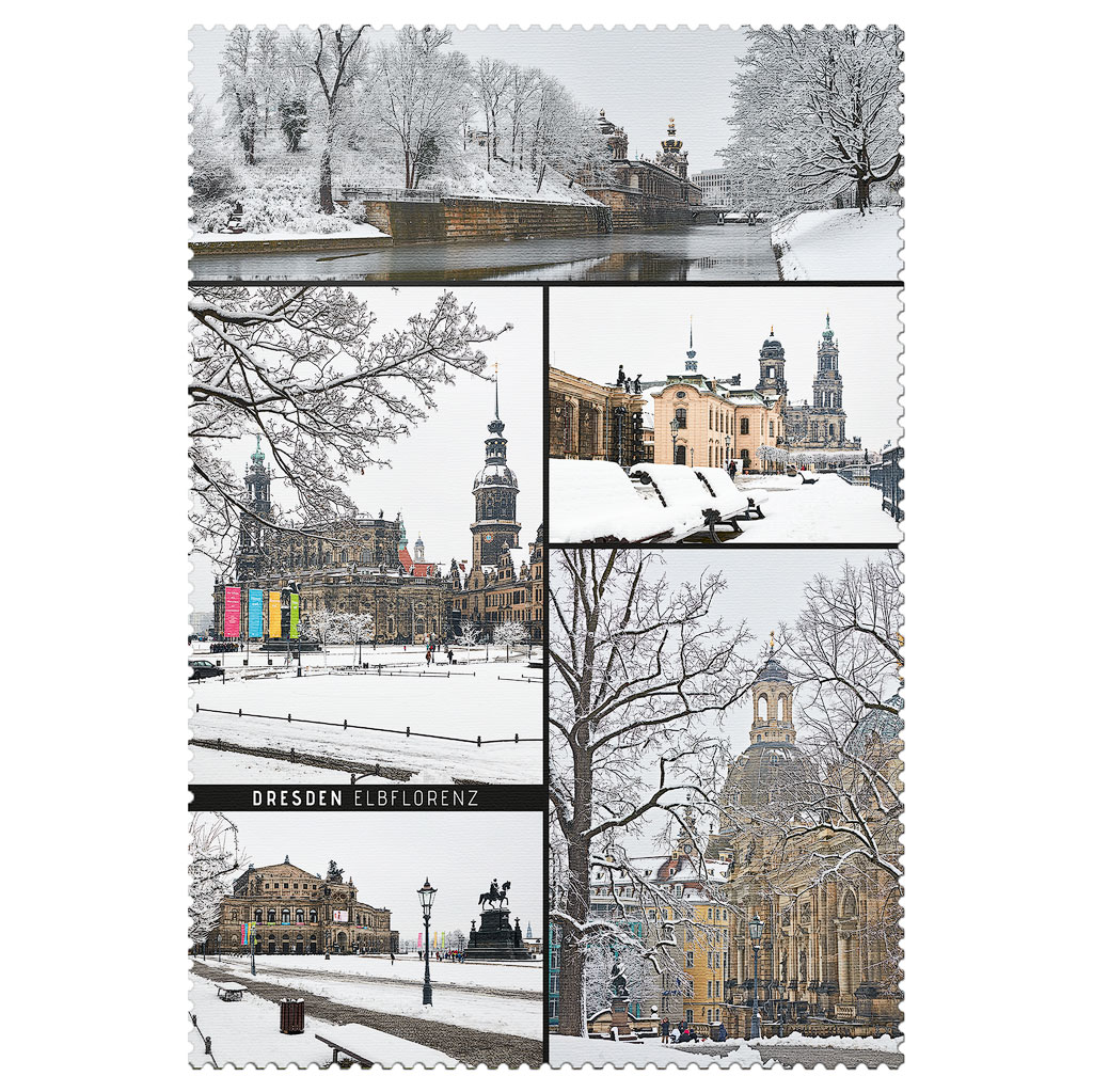 Dresden im Winter – Collage mit Sehenswürdigkeiten Wintercollage mit verschneiten Sehenswürdigkeiten der Dresdner Altstadt