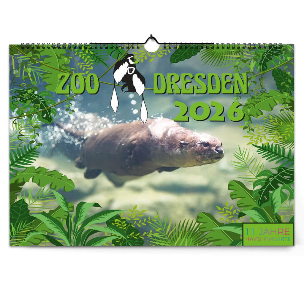 Rückseite des Zoo Dresden Kalenders 2026 mit Übersicht aller Tiermotive