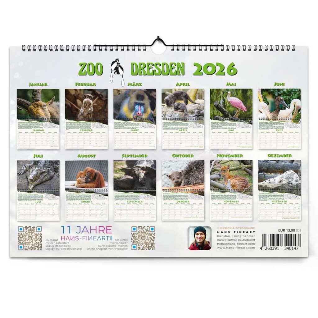 Rückseite des Kalenders mit allen 12 Tiermotiven