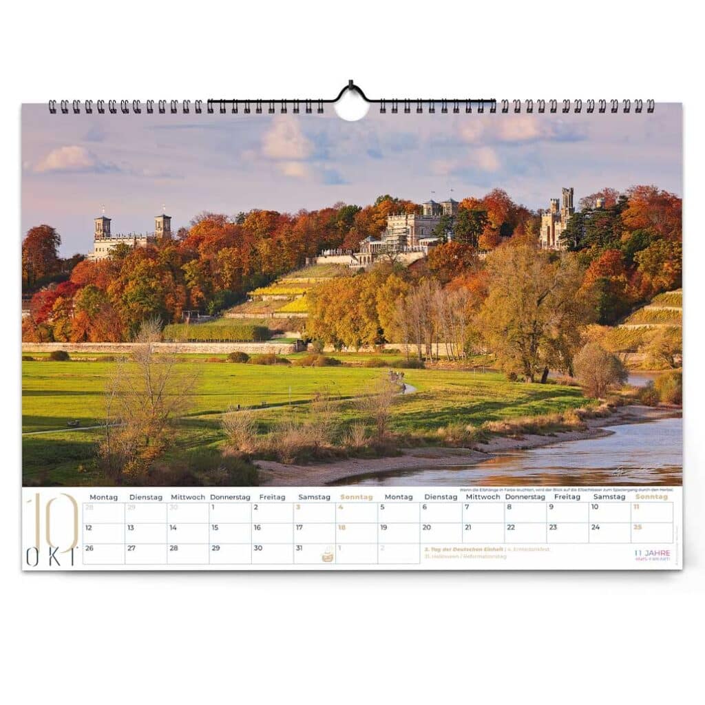 Blick vom Blauen Wunder auf die Elbschlösser im goldenen Herbst