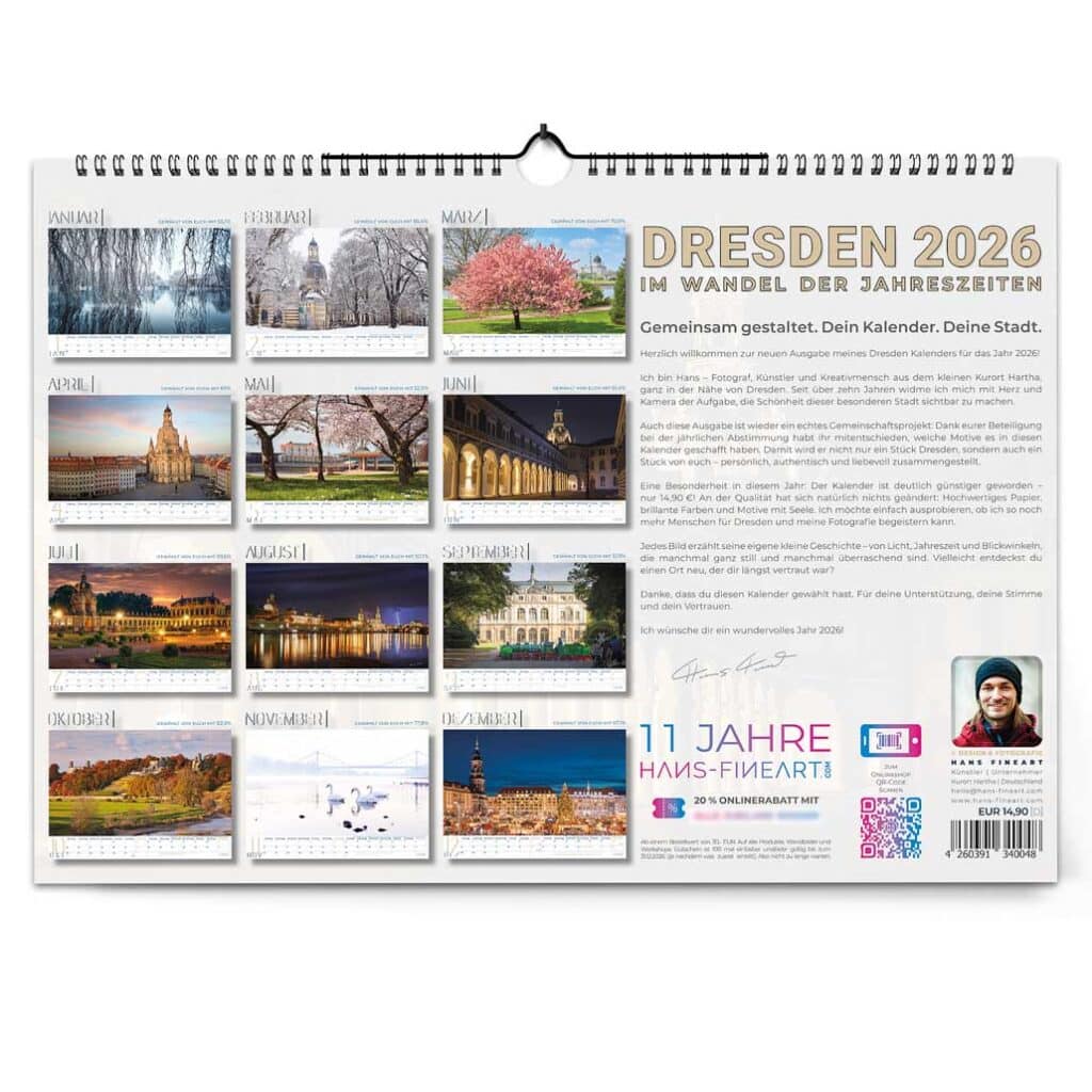 Übersicht aller Monatsmotive mit Dankestext – Dresden Kalender 2026 A3