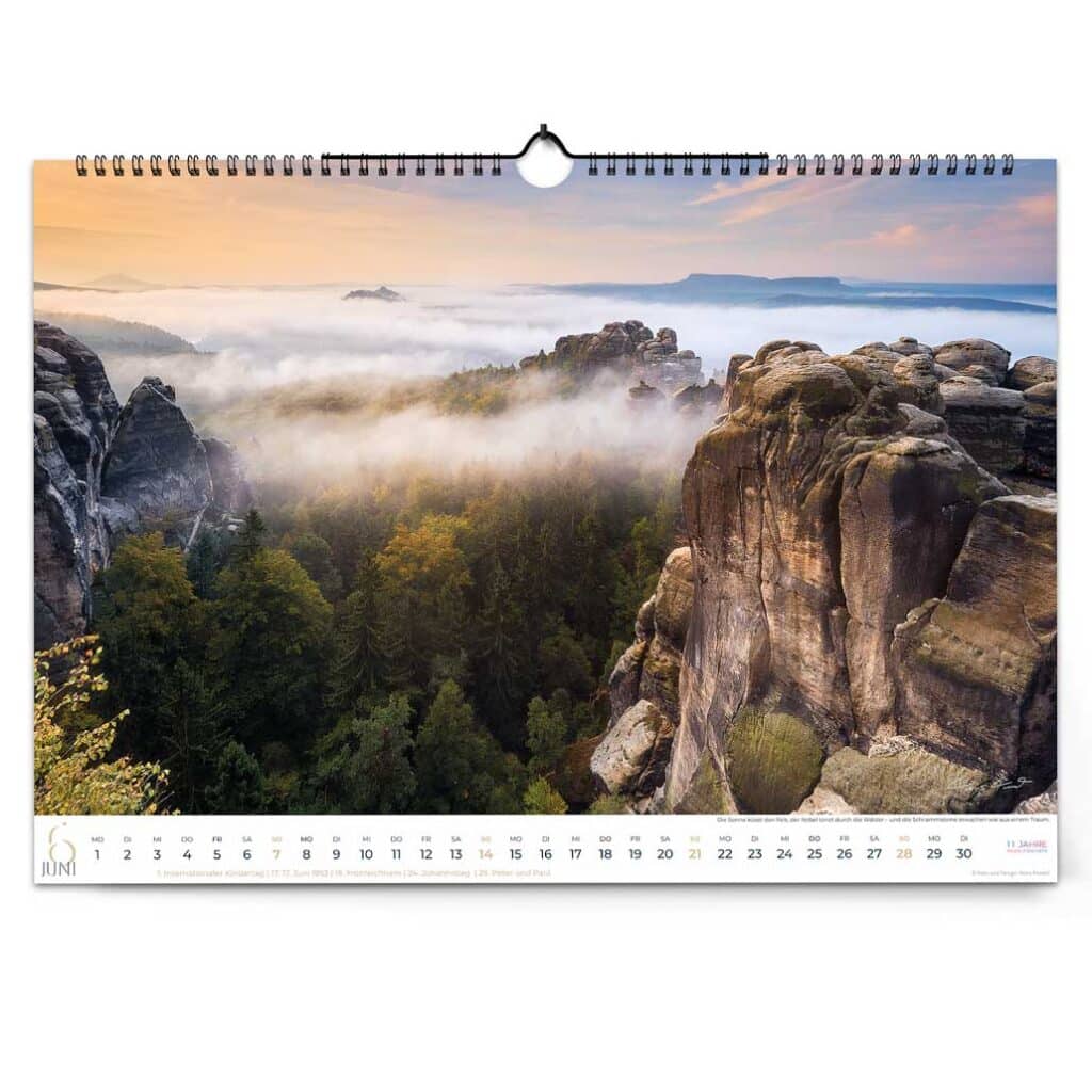 Schrammsteine im Morgenlicht mit Wald und Nebel - Sächsische Schweiz Kalender 2026