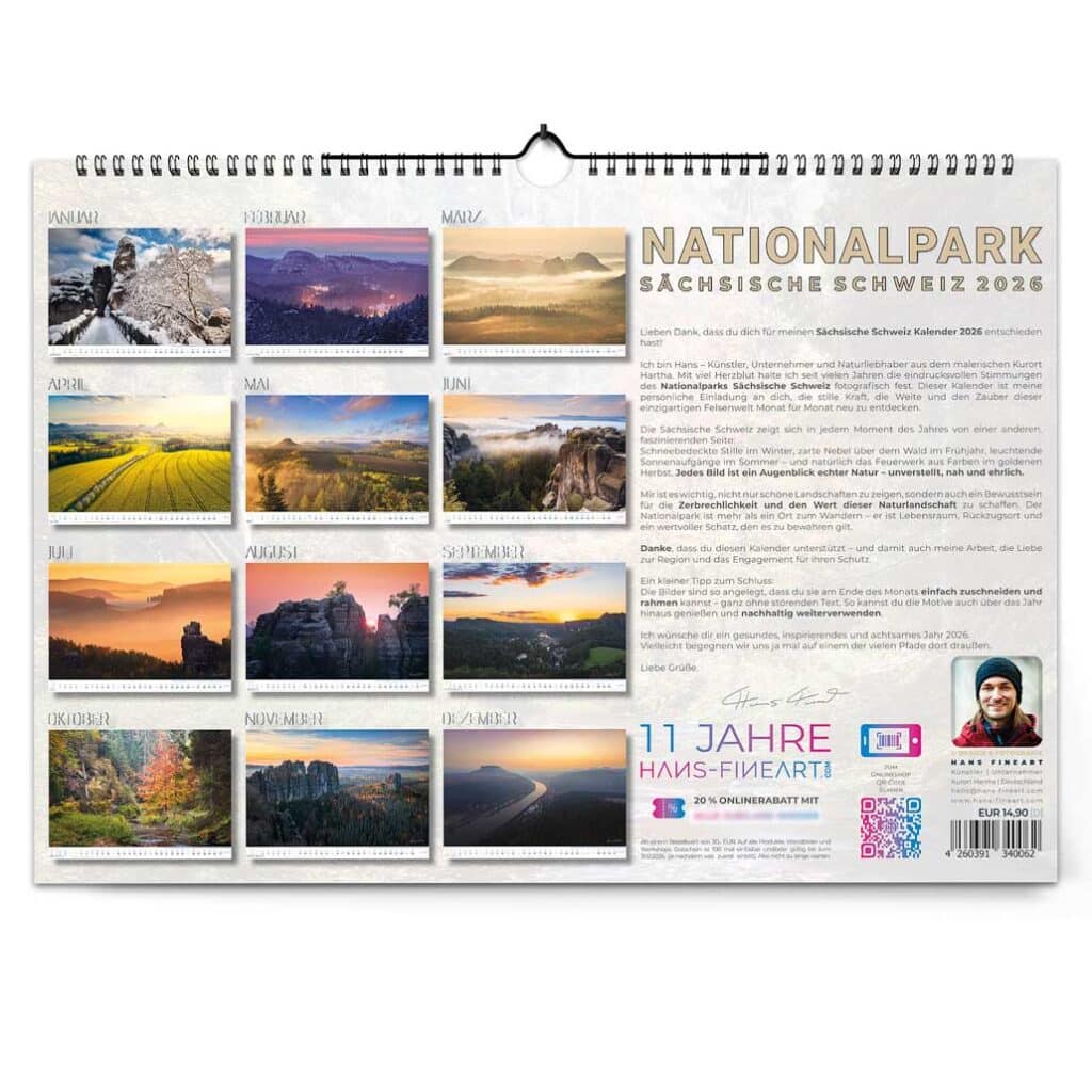 Übersicht aller Monatsmotive mit Dankestext – Nationalpark Sächsische Schweiz Kalender 2026 A3