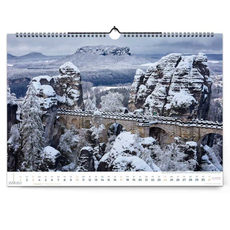 Sächsische Schweiz Kalender 2027 Januar Bastei Brücke im Schnee