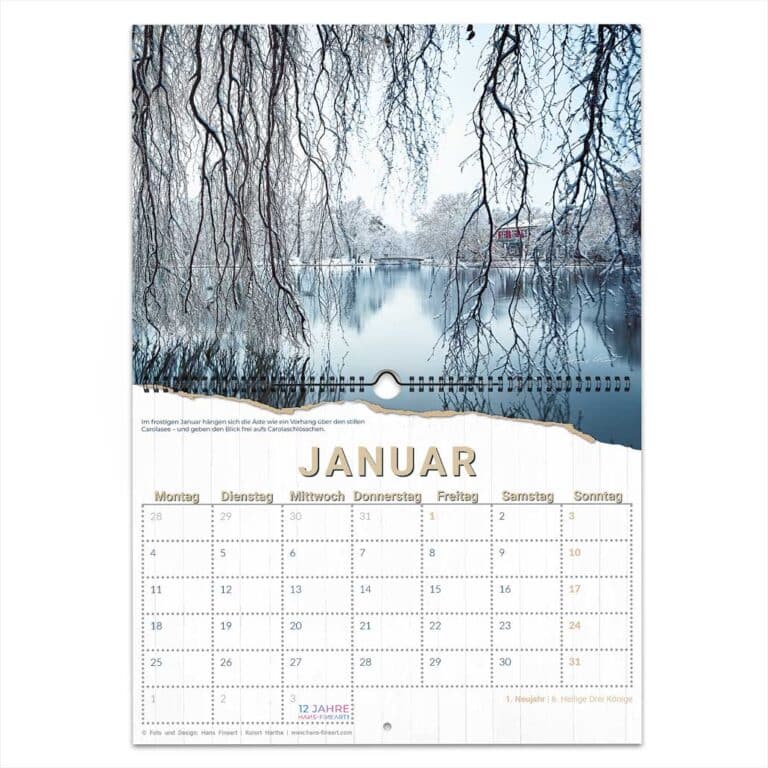 Dresden Kalender 2027 Januar winterliche Elbe mit Bäumen