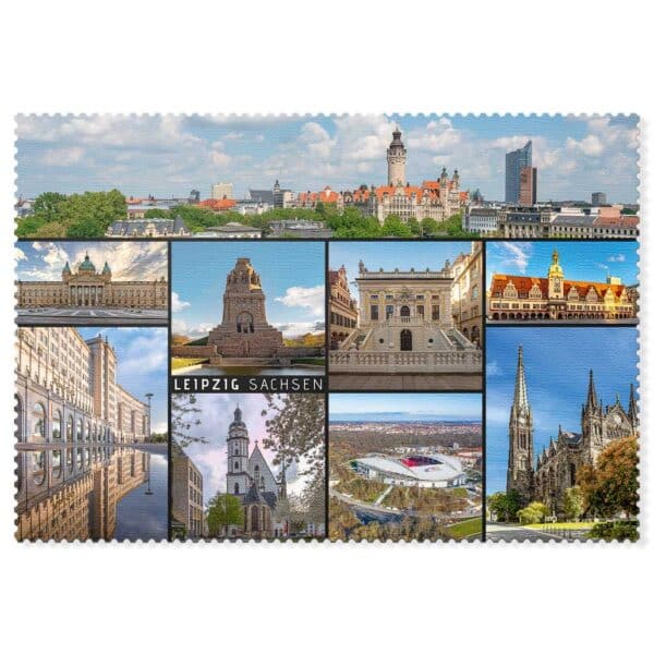Leipzig Postkarte Collage – Blick über Leipzig mit Bundesverwaltungsgericht, Völkerschlachtdenkmal und weiteren Wahrzeichen.