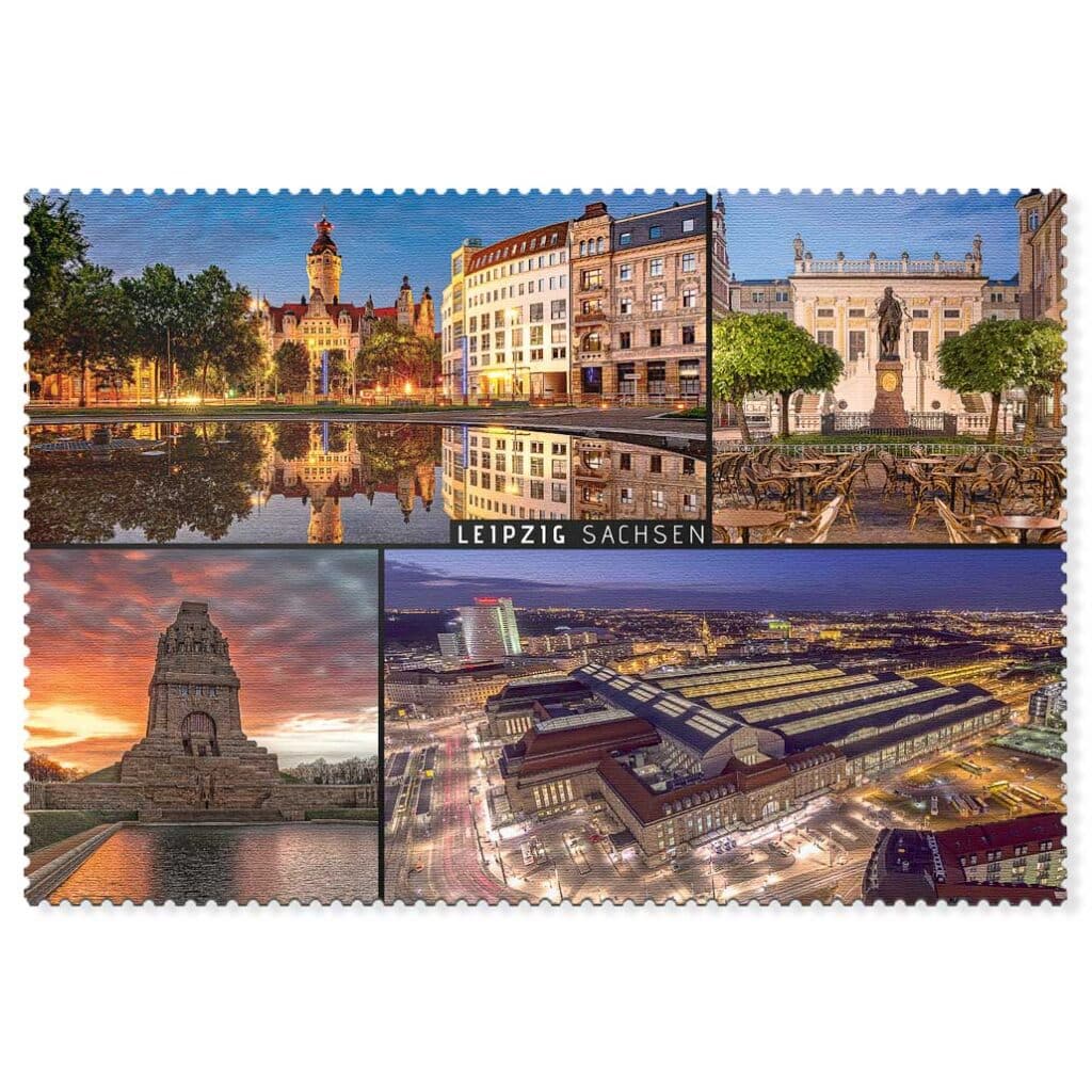 Leipzig Postkarte Collage – Neues Rathaus, Alte Börse & Hauptbahnhof in der Blauen Stunde mit Lichtern und Sonnenuntergang.