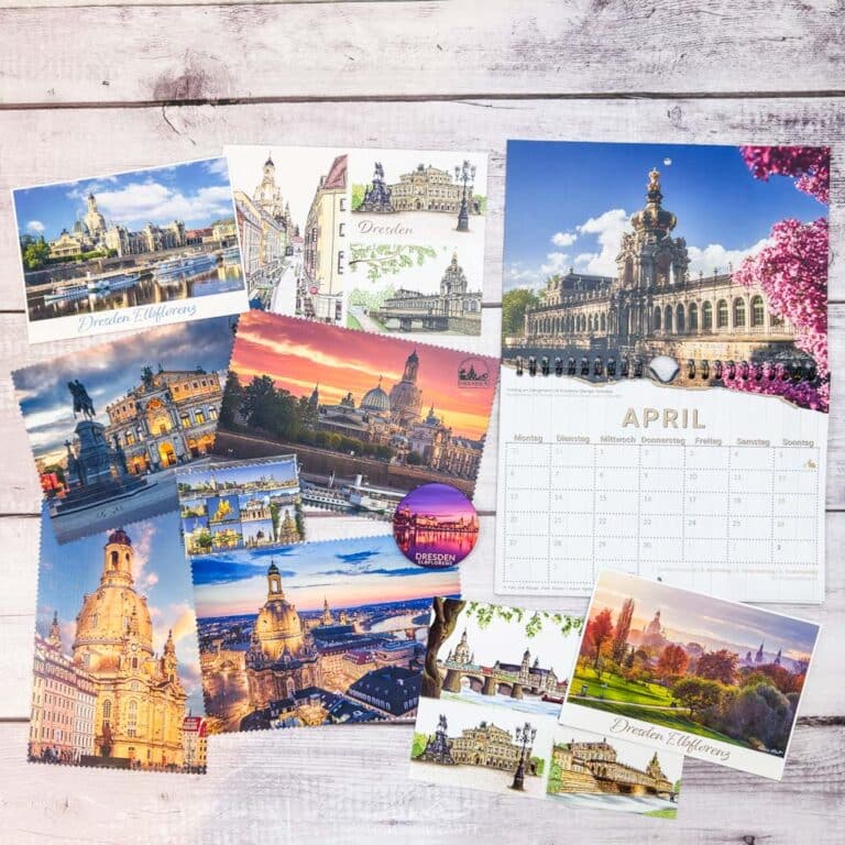 Regionales Geschenkset Dresden mit Postkarten, rundem Magnet und Dresden Kalender